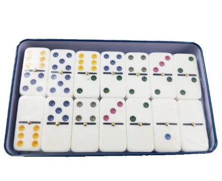 Jogo de domino colorido na lata barcelona 28 pecas