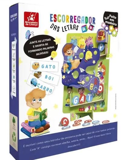 O Escorregador das Letras da Tedy Toys é um brinquedo educativo em madeira que alia diversão e aprendizado. Com peças de letras e imagens coloridas, a criança monta palavras e as desliza pelo escorregador, exercitando coordenação motora fina, raciocínio l